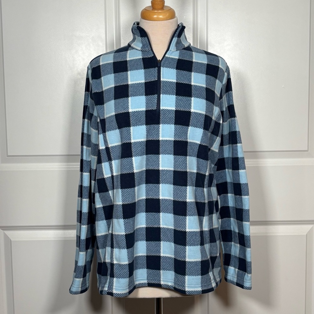 Lands' End Blue Plaid 1/4 Zip Fleece Pullover Sweater